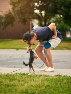 Navy QALO Leash & Collar & Ocean Sunrise TraQ Dog ID Tag Set -Silicone Jewelry & Accessories QLO Accessory Set Navy Leash Collar TraQ Bowl Lifestyle2