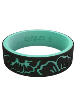 Women's Strata Hibiscus Silicone Ring -Silicone Jewelry & Accessories Strata.Narrow.Hibiscus.BlackAqua.Front