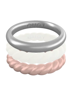 Women's Rose Gold, White, & Silver Triple Stack -Silicone Jewelry & Accessories Womens.TripleStack.Metallic.RosegoldPearlSilver.Front