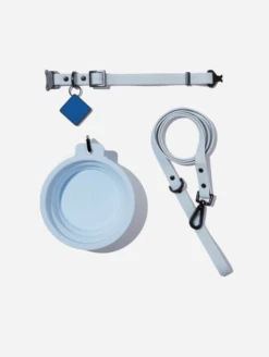 Sky Blue QALO Leash & Collar & Classic Navy TraQ Dog ID Tag Set