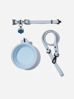 Sky Blue QALO Leash & Collar & Frost Mountain Silicone Dog ID Tag Set