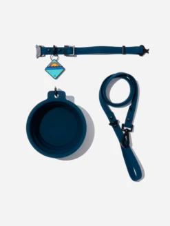 Navy QALO Leash & Collar & Ocean Sunrise TraQ Dog ID Tag Set